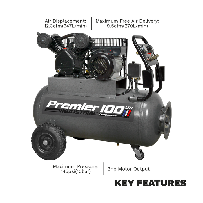 Premier 100L Belt Drive Air Compressor with Front Control Panel 3hp | SAC3103B