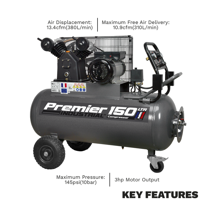 Premier 150L Belt Drive Air Compressor with Front Control Panel 3hp | SAC3153B