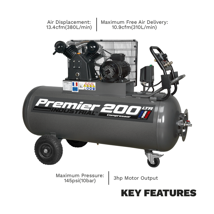 Premier 200L Belt Drive Air Compressor with Front Control Panel 3hp | SAC3203B