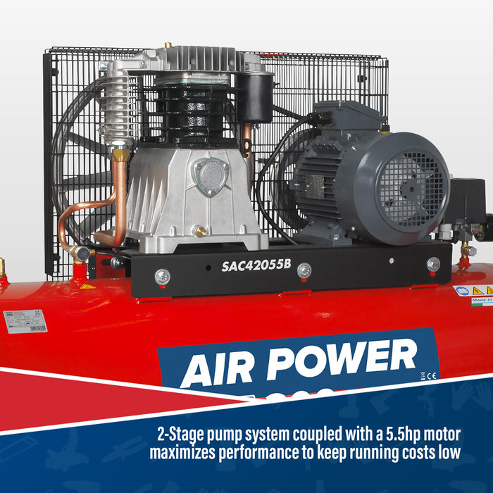 200L Belt Drive Air Compressor with Cast Cylinders 5.5hp 2-Stage | SAC42055B