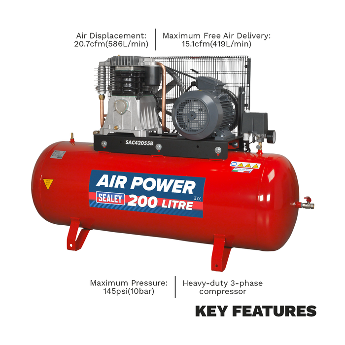 200L Belt Drive Air Compressor with Cast Cylinders 5.5hp 2-Stage | SAC42055B