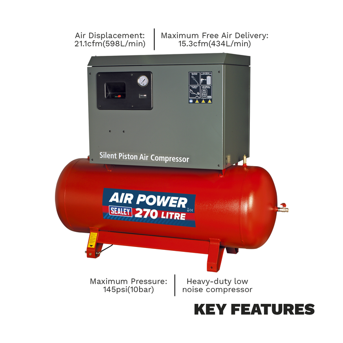 270L Low Noise Belt Drive Air Compressor with Cast Cylinders 5.5hp 2-Stage | SAC42755BLN