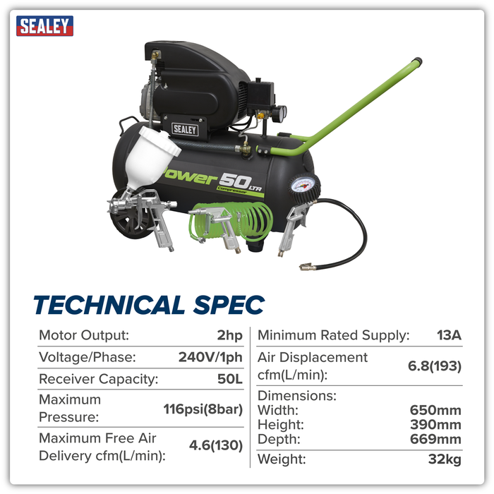50L Direct Drive Air Compressor 2hp with 4pc Air Accessory Kit | SAC5020EPK