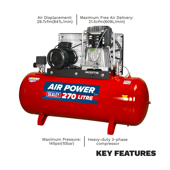 270L Belt Drive Air Compressor with Cast Cylinders 7.5hp 2-Stage | SAC52775B