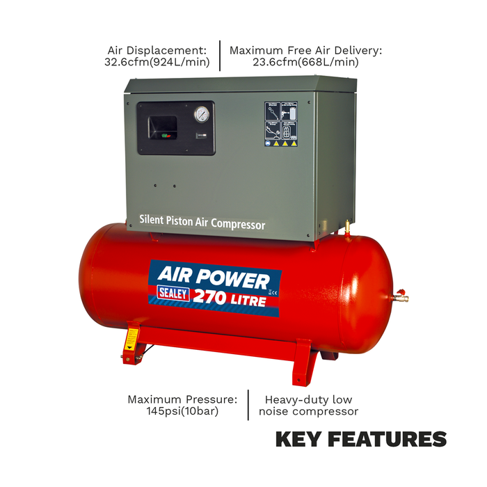 270L Low Noise Belt Drive Air Compressor with Cast Cylinders 7.5hp 2-Stage | SAC72775BLN