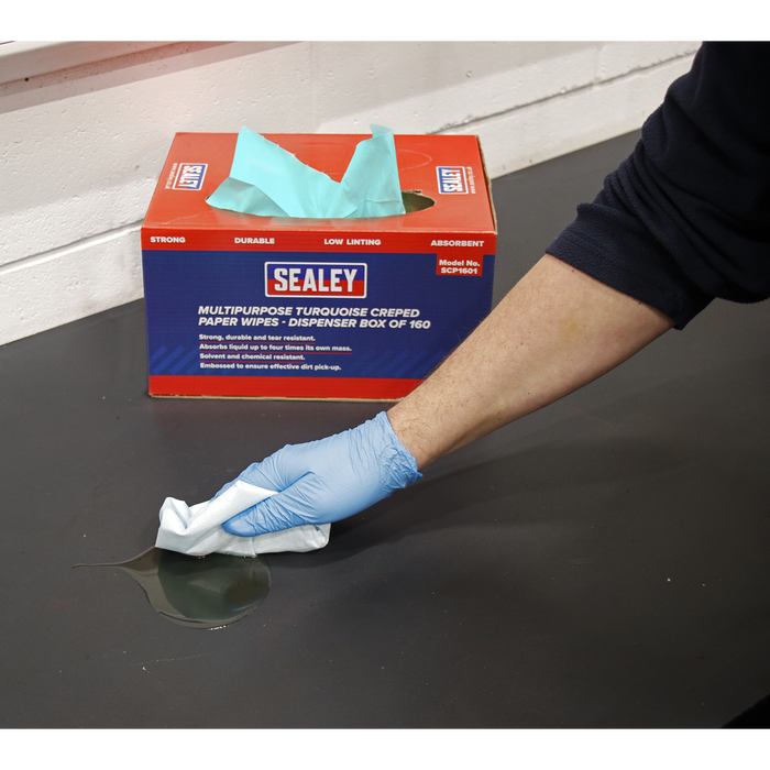 Multipurpose Creped Turquoise Paper Wipes 69gsm - Dispenser Box of 160 Sheets | SCP1601