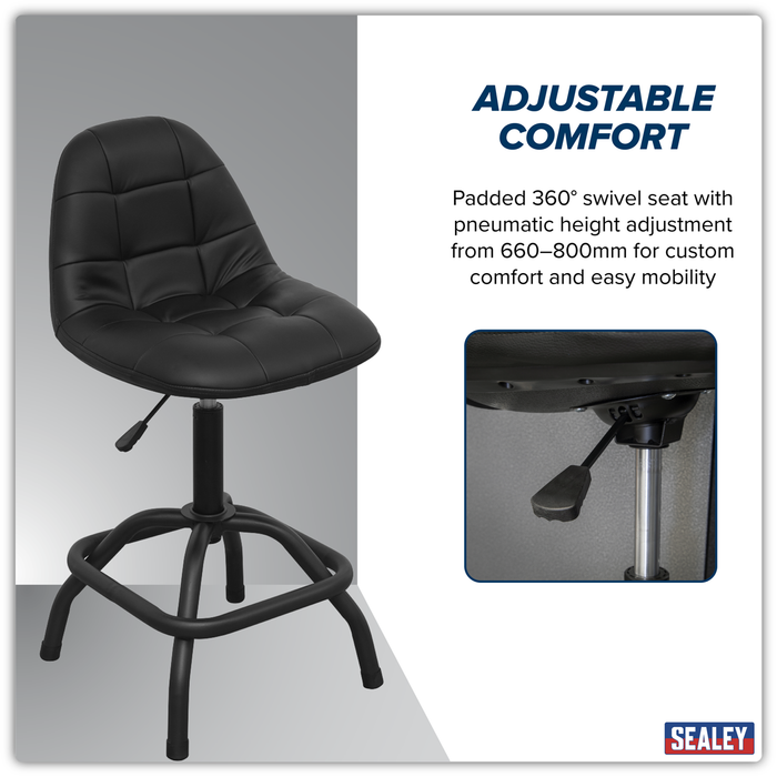 Premier Industrial Pneumatic Workshop Stool with Adjustable Height Swivel Seat & Back Rest | SCR01B