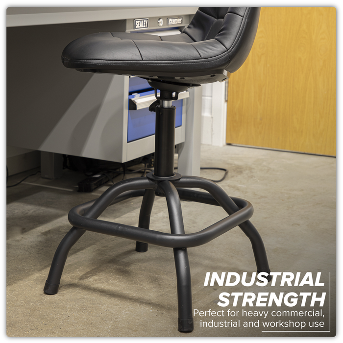 Premier Industrial Pneumatic Workshop Stool with Adjustable Height Swivel Seat & Back Rest | SCR01B
