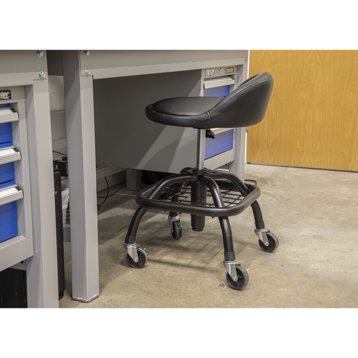 Premier Industrial Pneumatic Creeper Stool with Adjustable Height Swivel Seat & Back Rest | SCR02B