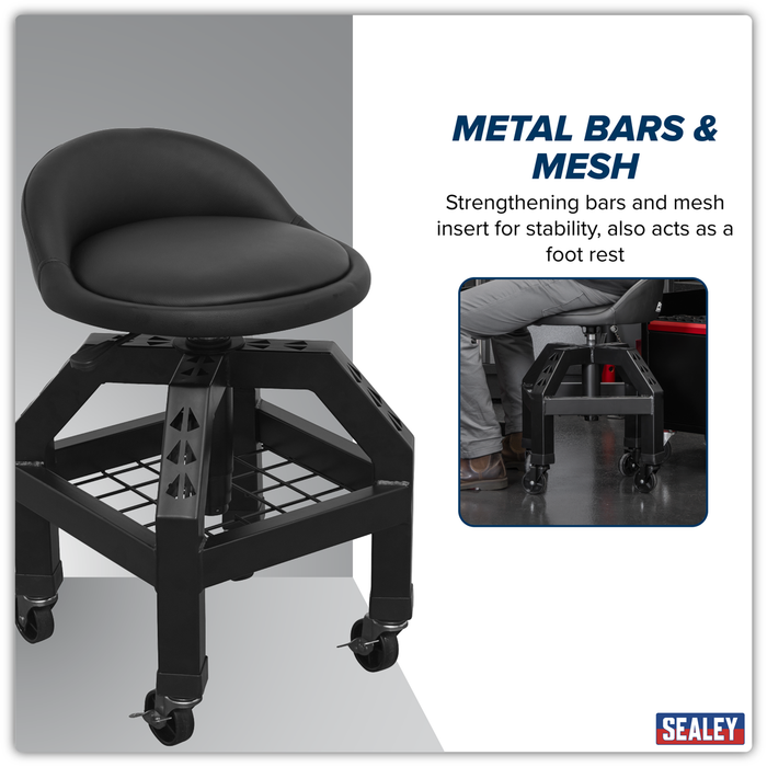 Premier Industrial Pneumatic Creeper Stool with Adjustable Height Swivel Seat & Back Rest | SCR03B