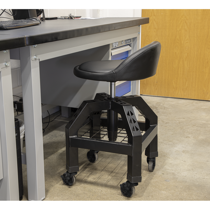 Premier Industrial Pneumatic Creeper Stool with Adjustable Height Swivel Seat & Back Rest | SCR03B