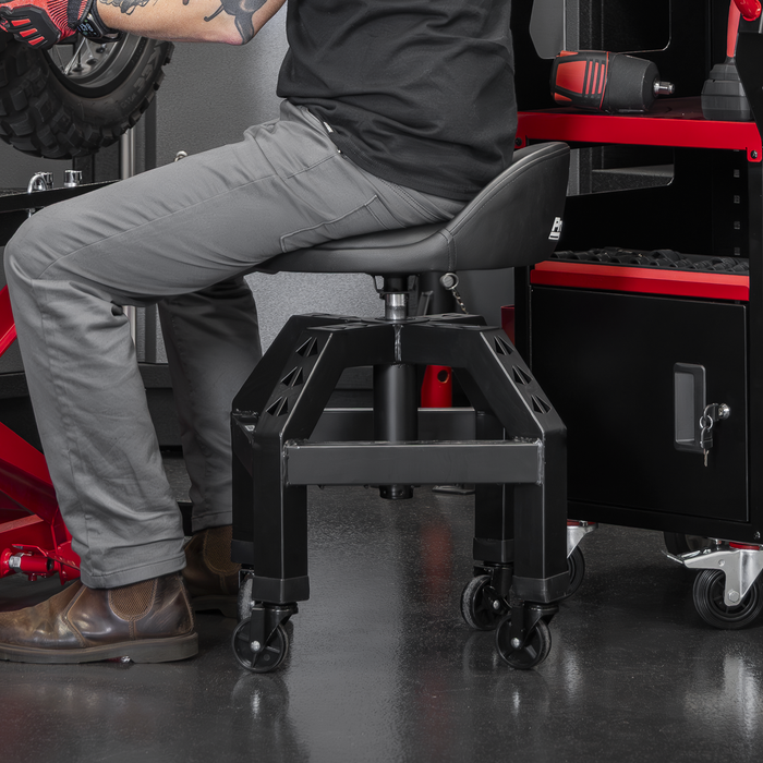 Premier Industrial Pneumatic Creeper Stool with Adjustable Height Swivel Seat & Back Rest | SCR03B