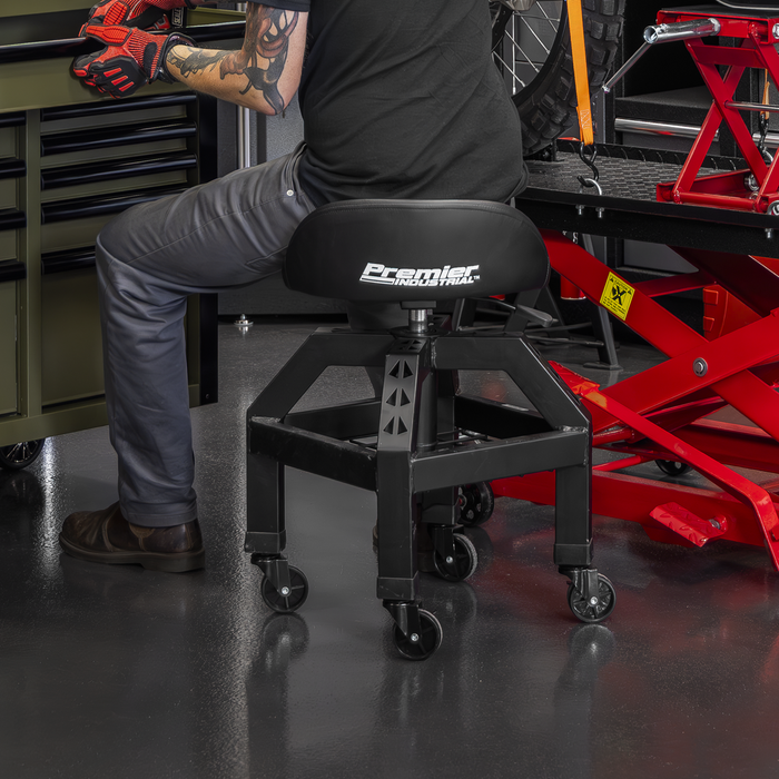 Premier Industrial Pneumatic Creeper Stool with Adjustable Height Swivel Seat & Back Rest | SCR03B