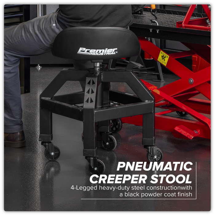 Premier Industrial Pneumatic Creeper Stool with Adjustable Height Swivel Seat & Back Rest | SCR03B