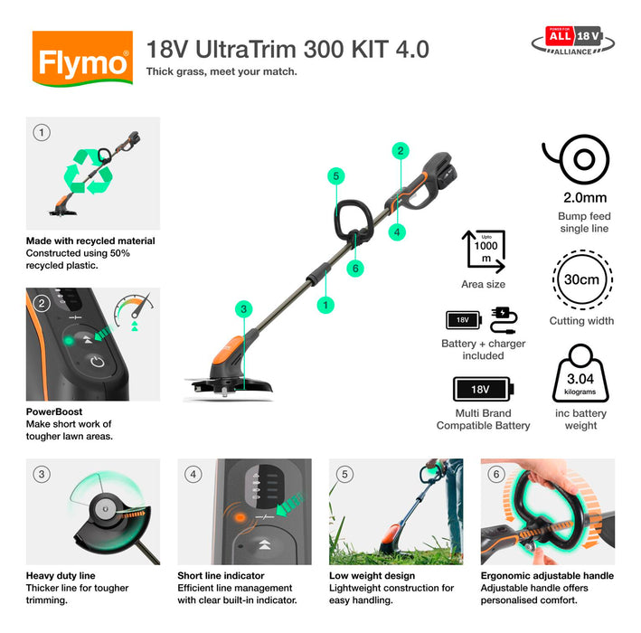 Flymo 18V UltraTrim 300 KIT 4.0 Battery Grass Trimmer | 970755501