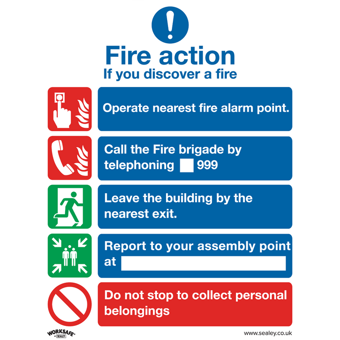 Worksafe® Fire Action Without Lift Safety Sign, Rigid Plastic - Pack of 10 | SS20P10