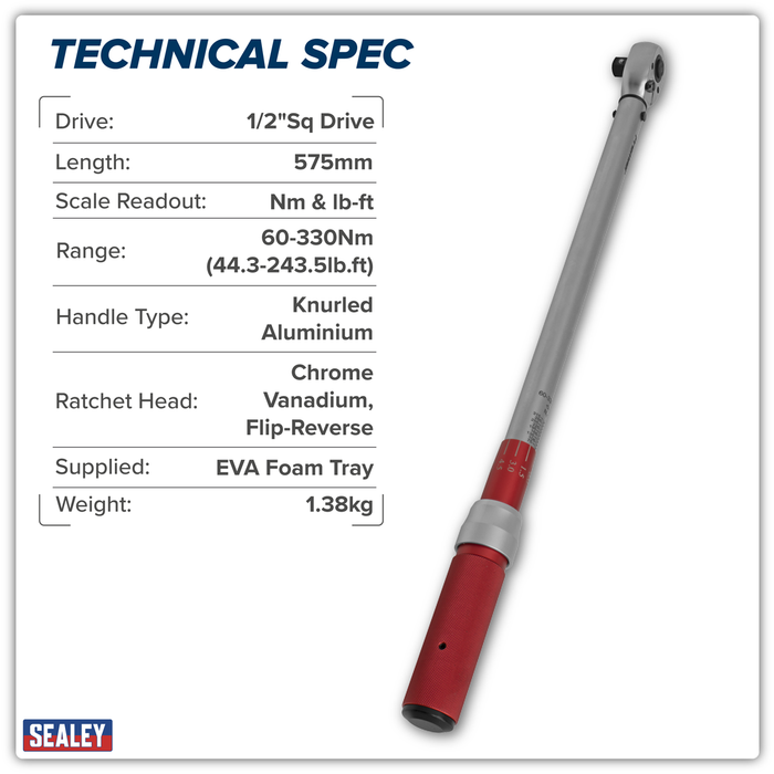 Premier Calibrated Micrometer Torque Wrench 1/2"Sq Drive 60-330Nm | STW905