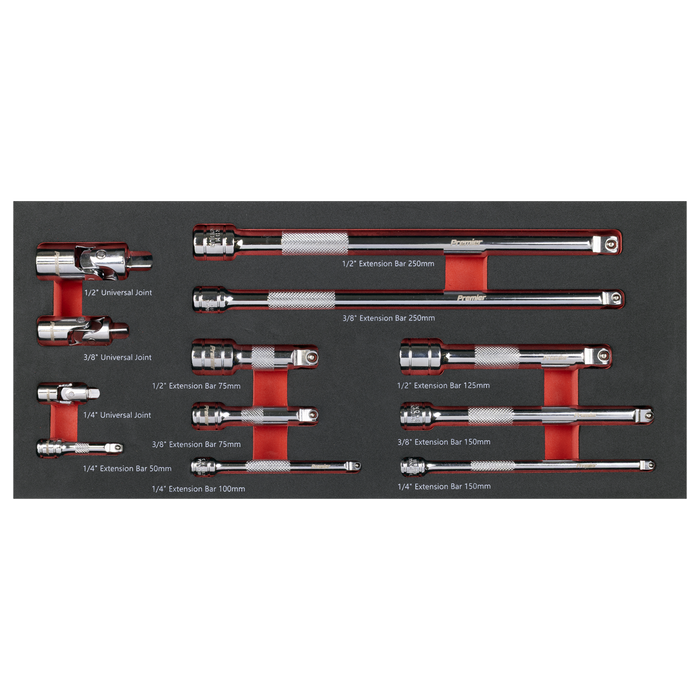 Premier Wobble Extension Bar Set with Tool Tray 1/4", 3/8" & 1/2"Sq Drive 12pc | TBT44