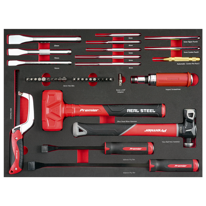 Premier Striking, Pry Bar, Hacksaw & Impact Screwdriver Set with Tool Tray 39pc | TBT66