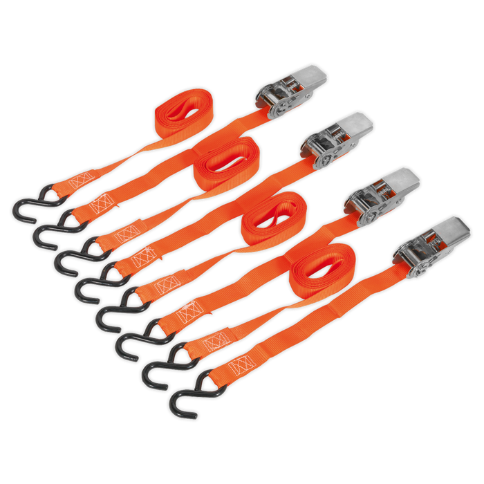 Ratchet Straps Polyester Webbing with S-Hooks 25mm x 4m 500kg Breaking Strength - 2 Pairs | TD0540S4