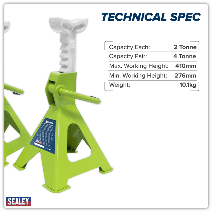 Ratchet Type Axle Stands (Pair) 2 Tonne Capacity per Stand - Hi-Vis Green | VS2002HV