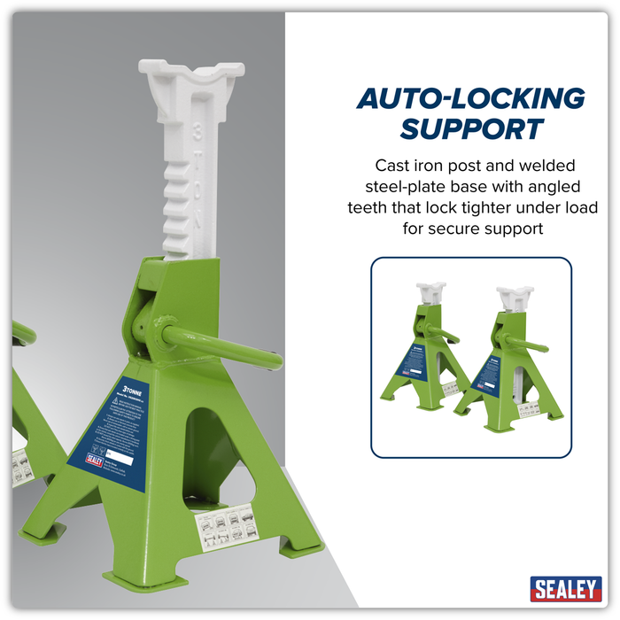 Ratchet Type Axle Stands (Pair) 3 Tonne Capacity per Stand - Hi-Vis Green | VS2003HV