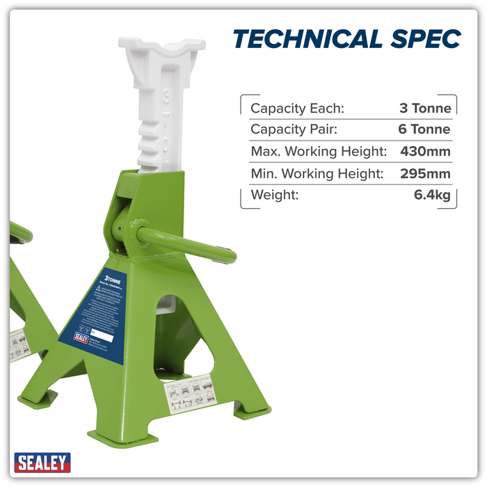 Ratchet Type Axle Stands (Pair) 3 Tonne Capacity per Stand - Hi-Vis Green | VS2003HV