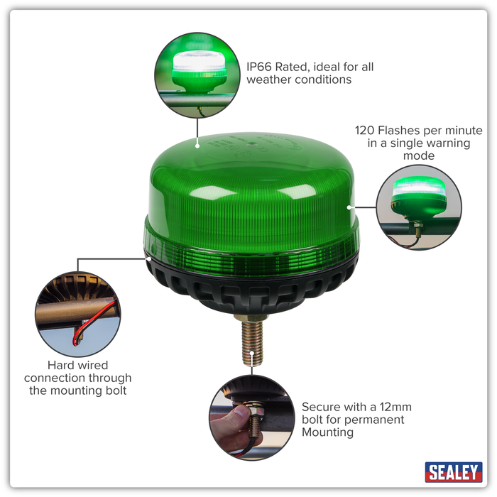 Warning Beacon with 12mm Bolt Fixing 36W SMD LED 12/24V - Green | WB951LEDG