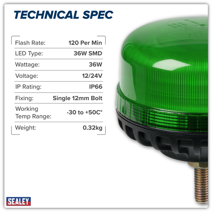 Warning Beacon with 12mm Bolt Fixing 36W SMD LED 12/24V - Green | WB951LEDG