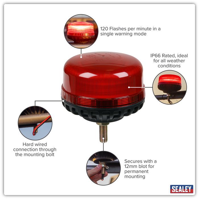 Warning Beacon with 12mm Bolt Fixing 36W SMD LED 12/24V - Red | WB951LEDR