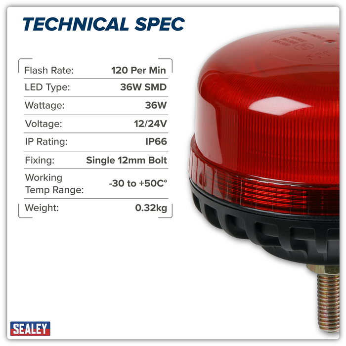 Warning Beacon with 12mm Bolt Fixing 36W SMD LED 12/24V - Red | WB951LEDR
