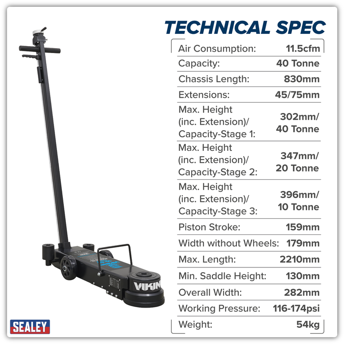 Viking Long Reach/Low Profile Air Operated Telescopic Jack 10-40 Tonne | YAJ10-40LELR
