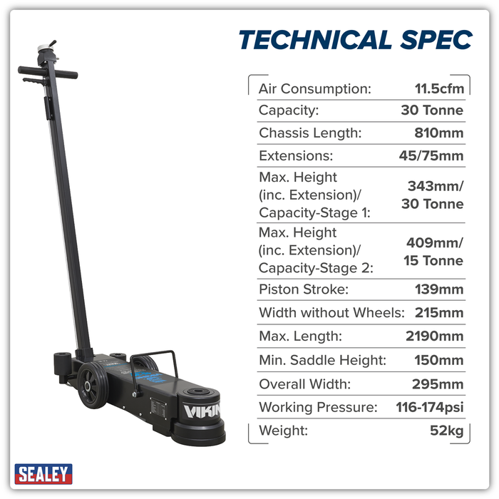 Viking Long Reach/Low Profile Air Operated Telescopic Jack 15-30 Tonne | YAJ15-30LE