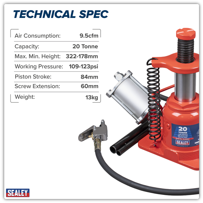 Low Profile Air Operated Hydraulic Bottle Jack 20 Tonne | YAJ20SLE