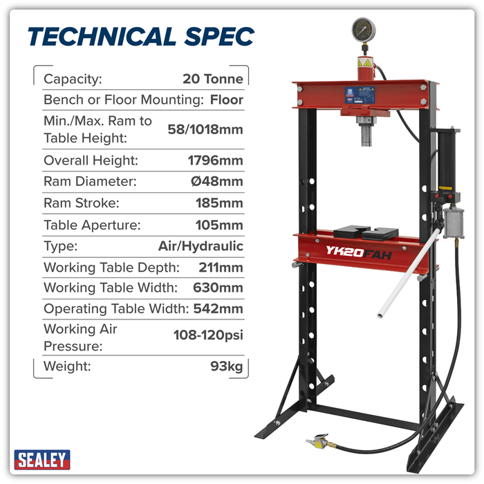 Air/Hydraulic Floor Type Press 20 Tonne | YK20FAH