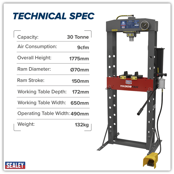 Premier Heavy-Duty Air/Hydraulic Floor Type Press with Foot Pedal 30 Tonne | YK309FAH