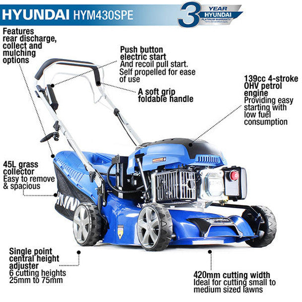 139cc 3-in-1 Electric Start Self-Propelled Petrol Lawnmower, Rear Discharge & Mulching (17" / 42cm) | Hyundai