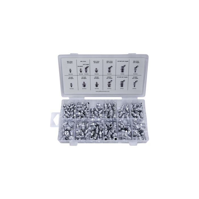Jefferson 130 Piece Grease Nipple Assortment Kit (Metric, BSP & UNF) | JEFABXGRN130
